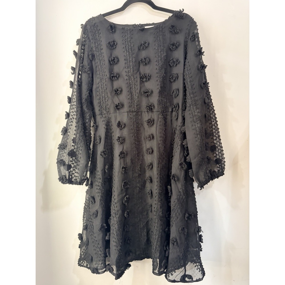 Downeast Black Swiss Dot Pom Pom Textured Shift Dress Women's Large Boho